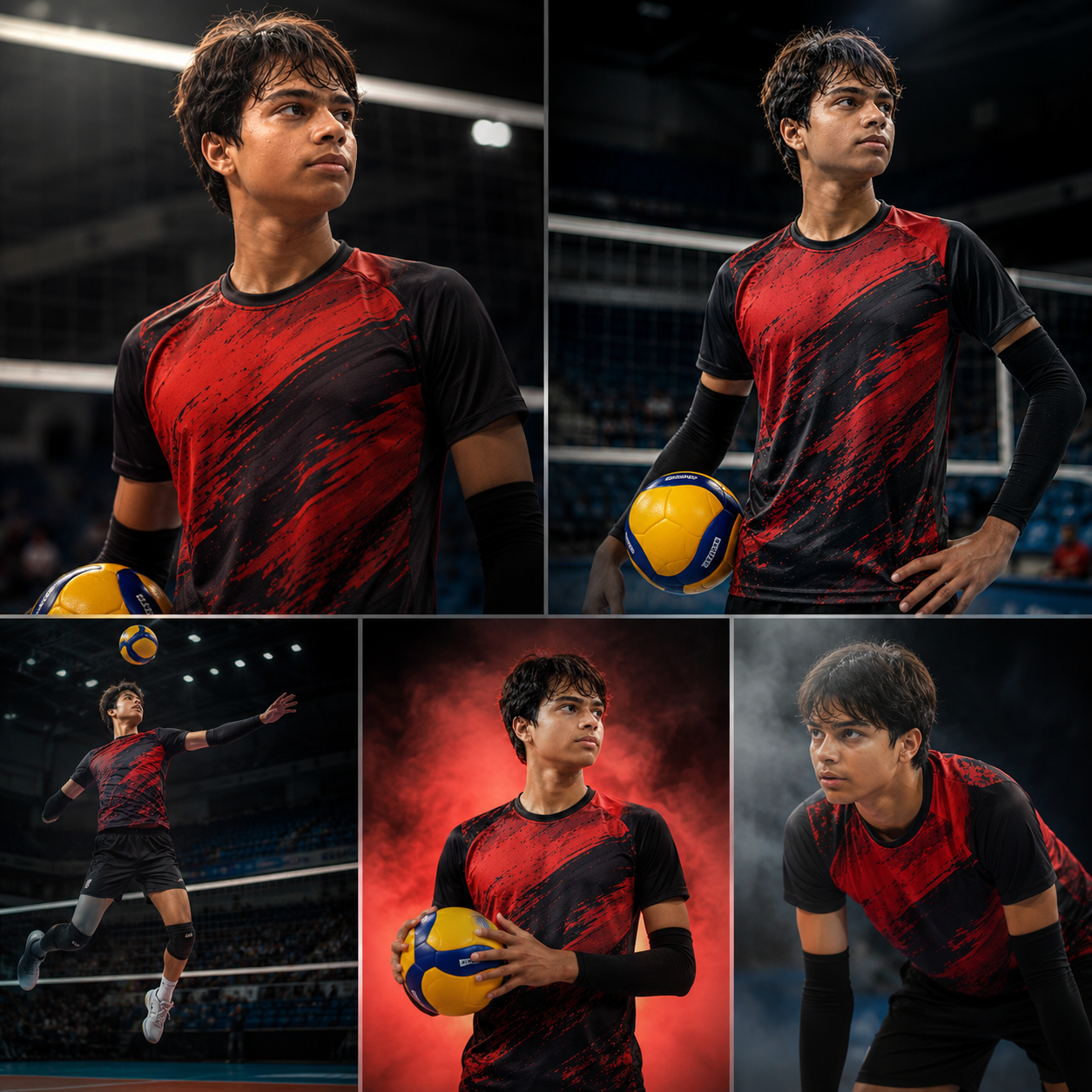 Volleyball action collage of Dhruv Shukla in red and black performance kit