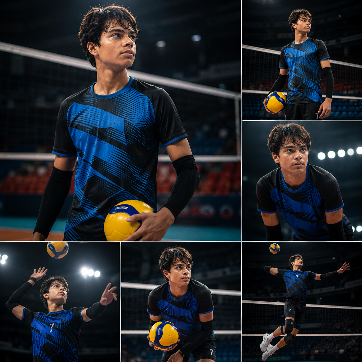 Athletic volleyball collage showing Dhruv Shukla in action poses
