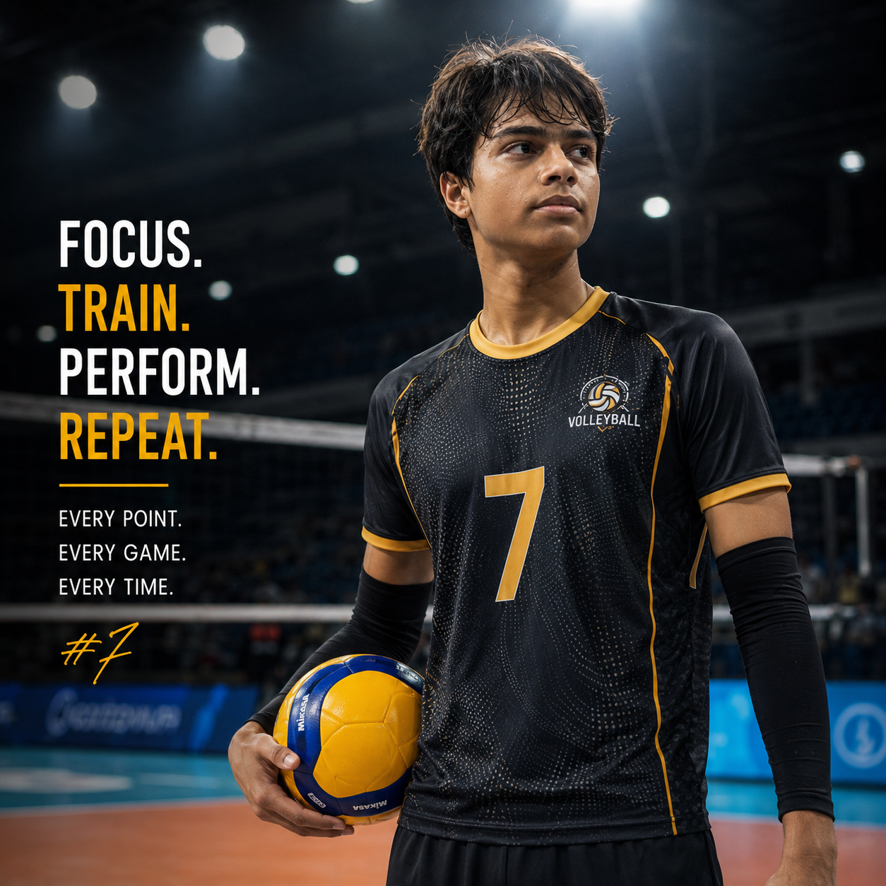 Stylized sports poster of Dhruv Shukla with volleyball and training slogan