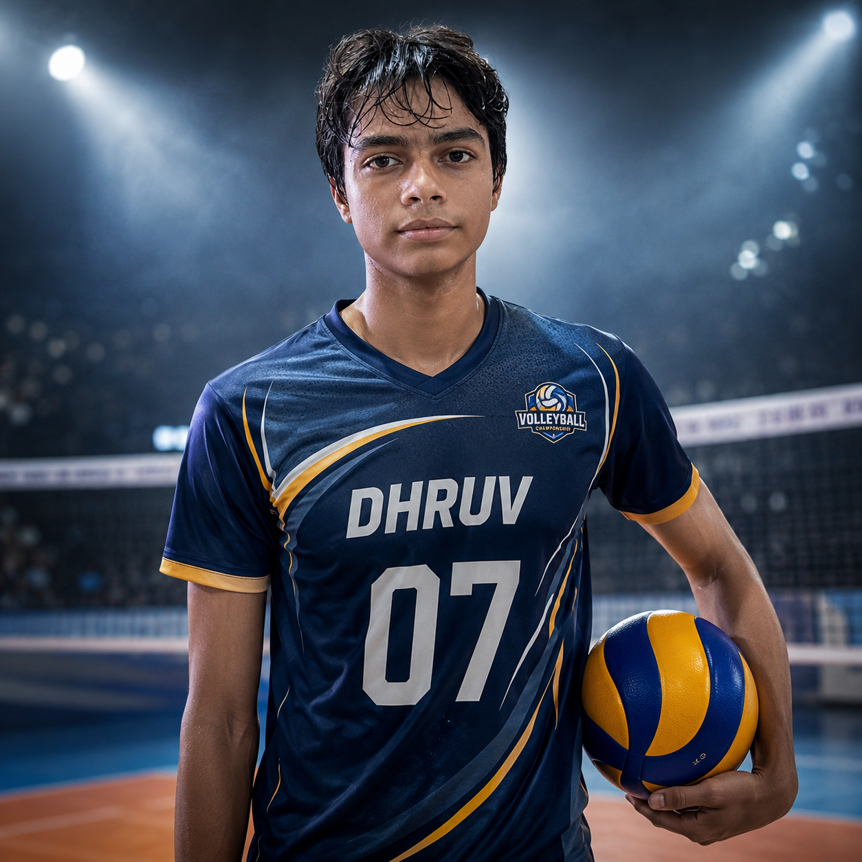 Dhruv Shukla portrait in a blue volleyball jersey holding a volleyball