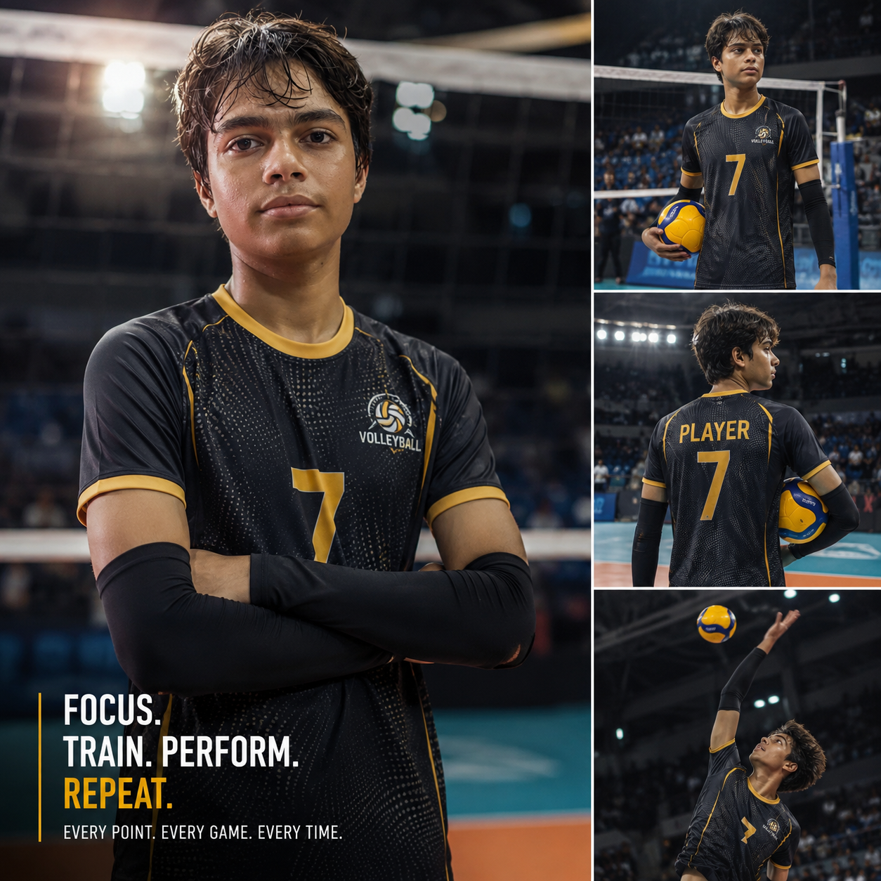 Gold and black volleyball collage featuring Dhruv Shukla in multiple poses