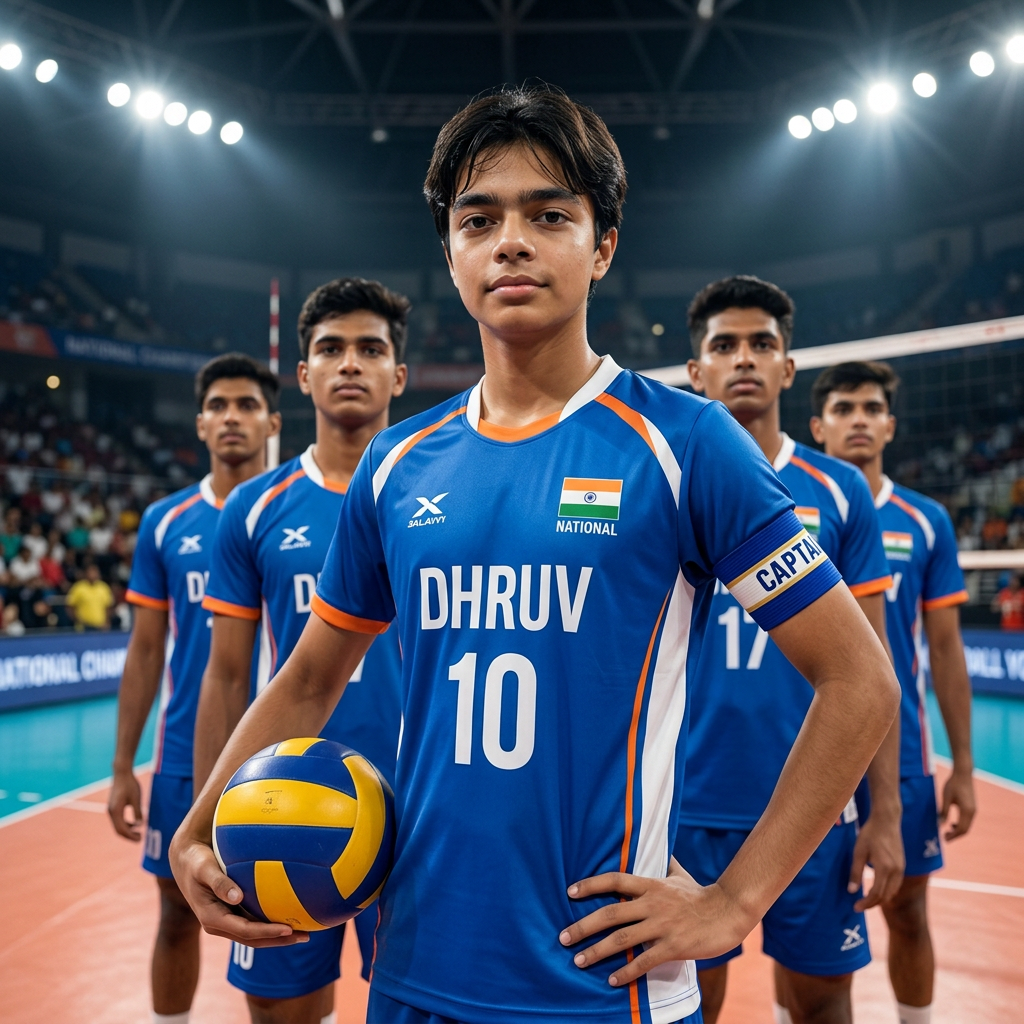 Dhruv Shukla wearing the captain's armband leading India's national volleyball team