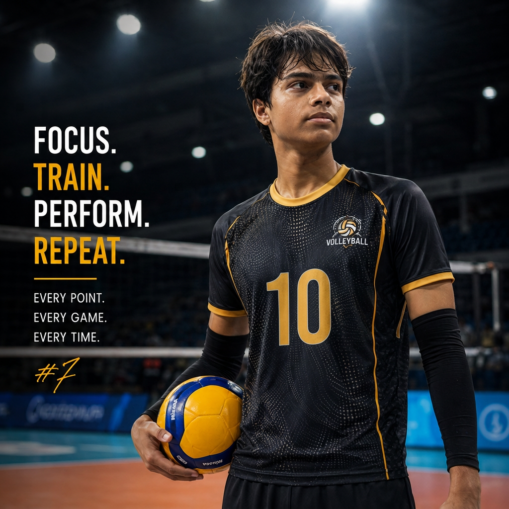 Stylized sports poster of Dhruv Shukla with volleyball and training slogan