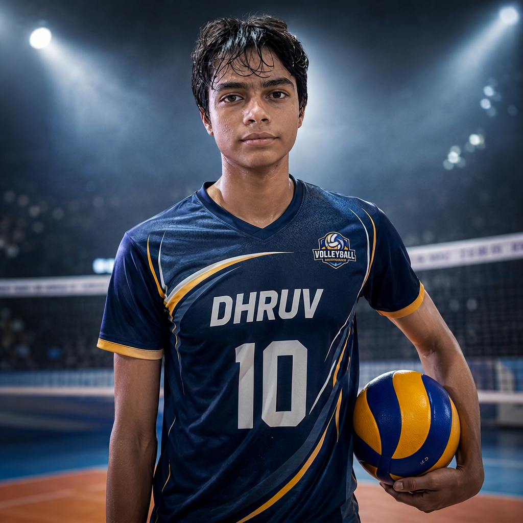 Dhruv Shukla portrait in a blue volleyball jersey holding a volleyball