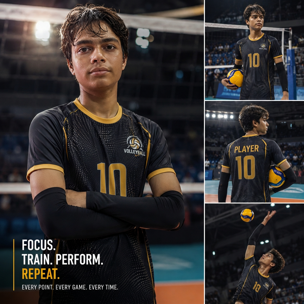 Gold and black volleyball collage featuring Dhruv Shukla in multiple poses