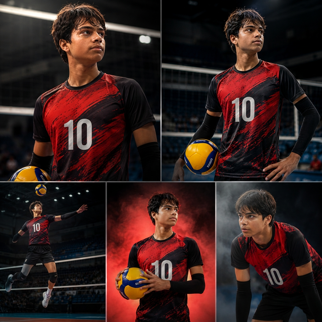 Volleyball action collage of Dhruv Shukla in red and black performance kit